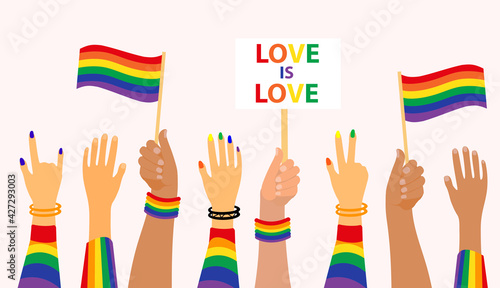 LGBT Pride Month holiday, People hold signs, banner and placards with lgbt rainbow and transgender flag. Hands up gay parade. Vector illustration