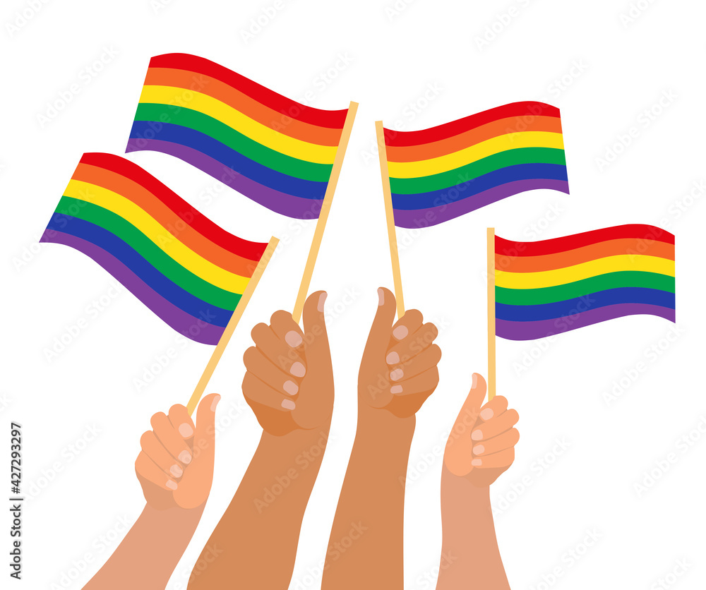 Fototapeta premium LGBT Pride Month holiday, People hold rainbow flag. Hands with flags. Vector illustration