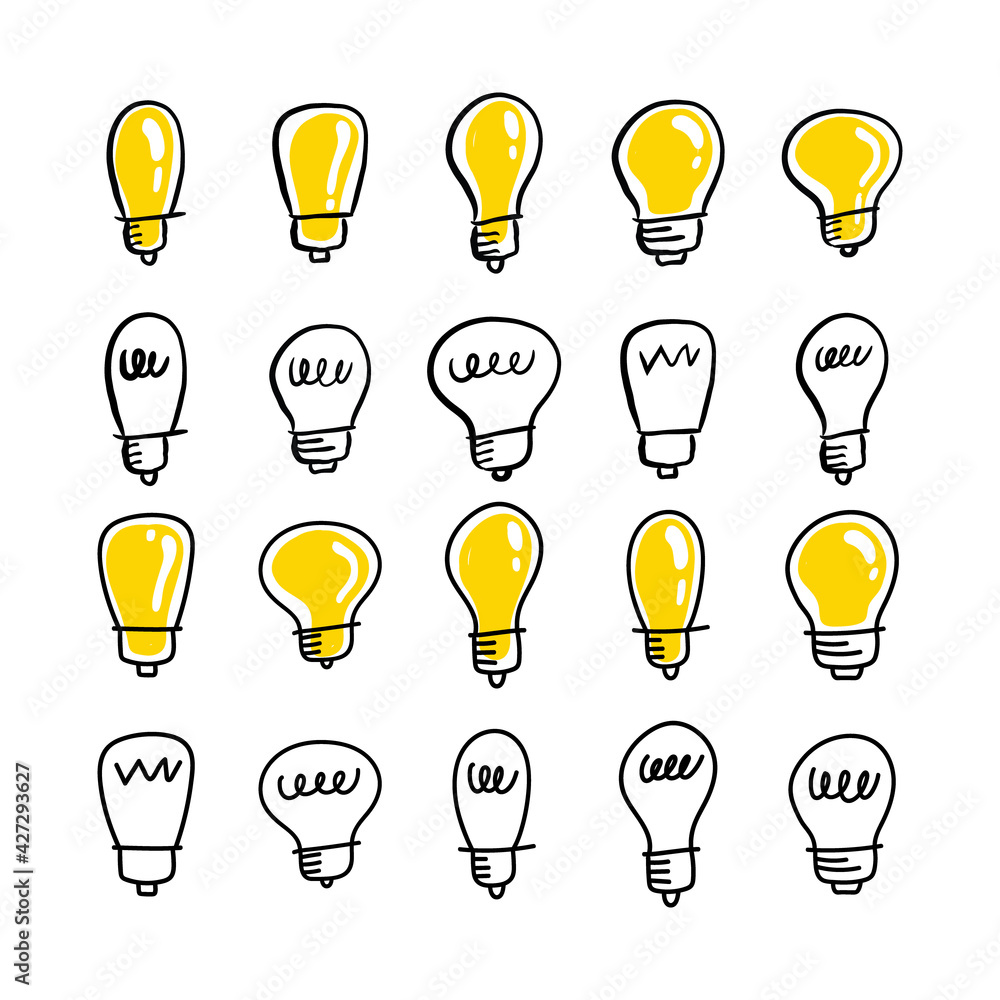 Idea icon doodle. Lightbulb illustration set. Hand drawn electric lamp. Idea icon doodle. Lightbulb illustration set. Hand drawn electric lamp.