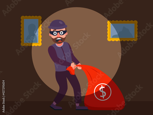 the robber was caught red-handed. the guards detained the burglar of the apartment. robbery of a private house at night. flat vector character illustration.