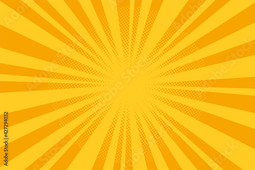 Pop art halftone background. Comic starburst pattern. Yellow banner with dots and rays. Cartoon retro sunburst effect. Vintage duotone texture. Vector illustration. Superhero wow banner.