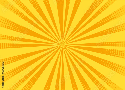 Pop art background. Halftone comic pattern. Cartoon starburst effect. Yellow sunburst banner with dots and rays. Vintage duotone texture. Superhero banner. Gradient wow design. Vector illustration.