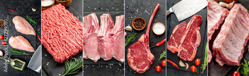 Set of different raw meat on a stone background. Photo collage, banner concept for butcher shop	