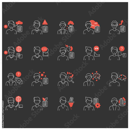 Information overload chalk icons set. Consists of information age, data smog, info pollution and ecology, internet aition etc. Isolated vector illustrations on chalkboard