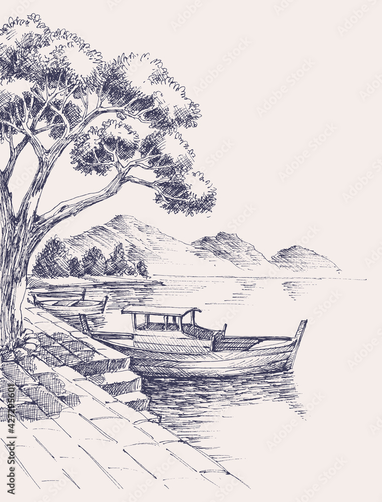 Harbor sketch, wooden boats on sea shore vector illustration