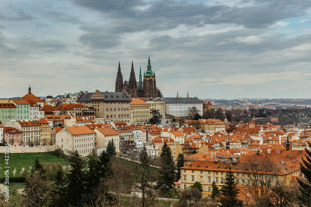 Scenic panorama of Prague Castle,Saint Vitus cathedral and Lesser Town.Capital of Czech republic.Amazing European cityscape.Famous tourist destination.Romantic spring trip with sightseeing Scenic panorama of Prague Castle,Saint Vitus cathedral and Lesser Town.Capital of Czech republic.Amazing European cityscape.Famous tourist destination.Romantic spring trip with sightseeing