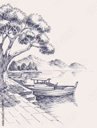Harbor sketch, wooden boats on sea shore vector illustration