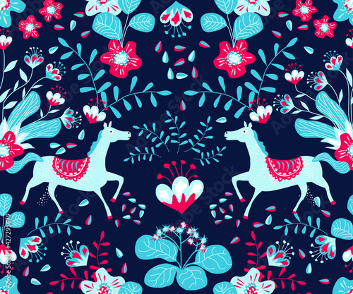 Vector illustration with plant leaves and horses in ethnic folk style. Hand drawn picture about a fairy tale. Seamless pattern for fabric and textile design