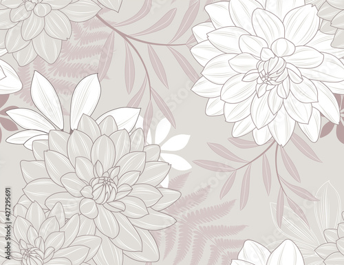 Seamless hand-drawing floral background with flower dahlia. 