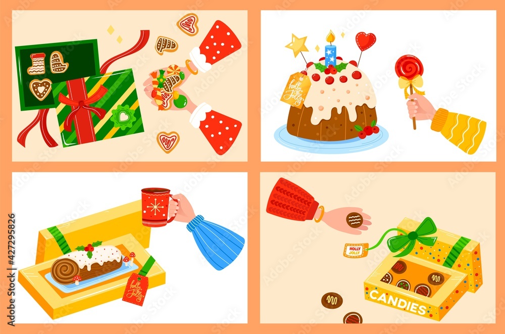 Winter sweet dessert, hot food, cozy cute gingerbread, hand holds lollipop, design, in style cartoon vector illustration.