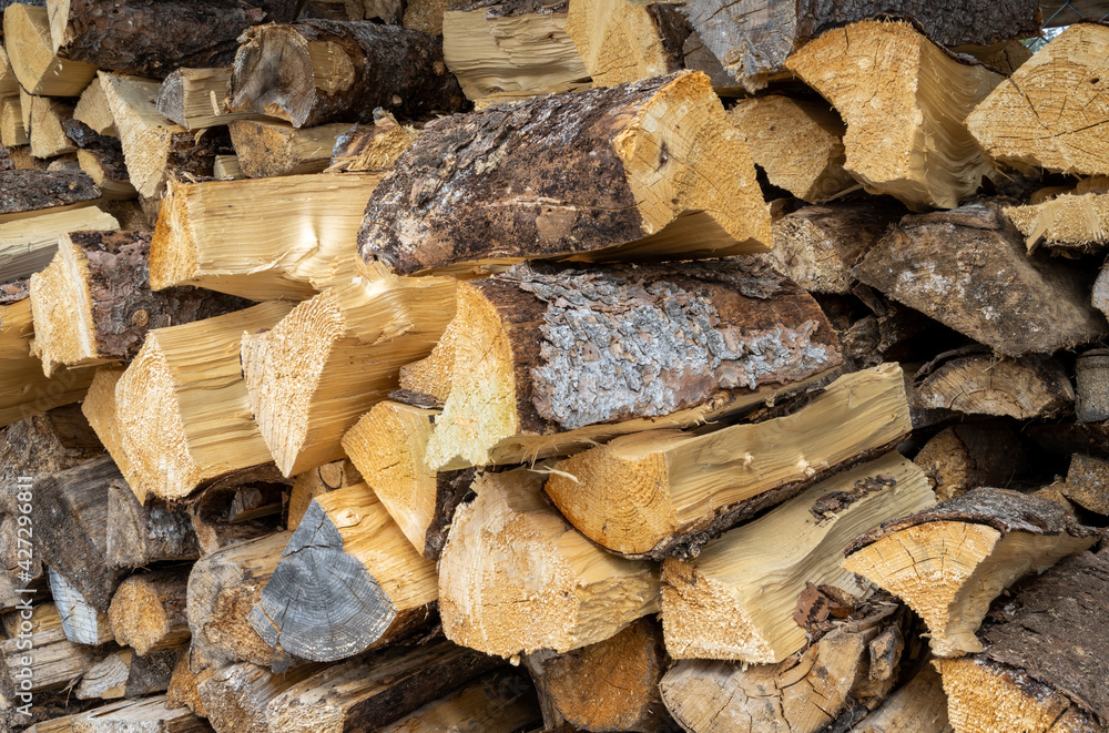 Pile of weathered and fresh spruce and pine firewood. The growth rings on the logs creates patterns.
Pile of weathered and fresh spruce and pine firewood. The growth rings on the logs creates patterns.