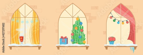 Celebrating Christmas, main decoration for new year, cozy warm home, joyful atmosphere, design cartoon style, vector illustration.