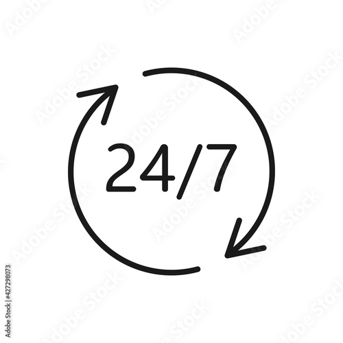 24 Hours a day icon. 24/7 line symbol. Support service sign. Help assistance concept. Vector isolated on white
