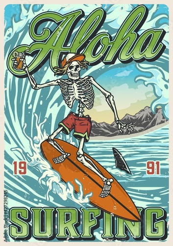 Photography Hawaii surfing vintage colorful poster