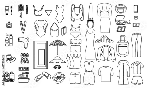 Set of Artist pen sketches;  vector mix and match drawings. Beach and summer holiday essentials for women.  Collection of hand drawn doodles.
