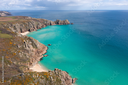 Aerial photograph of Porthcurno Beach nr Lands End  Cornwall  England.