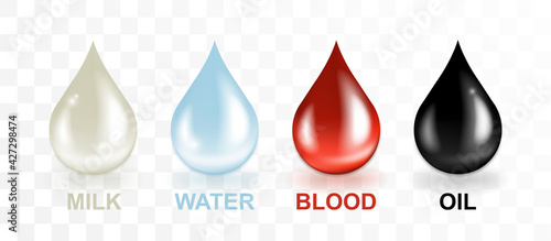 Milk, water, oil, blood drops set vector illustration