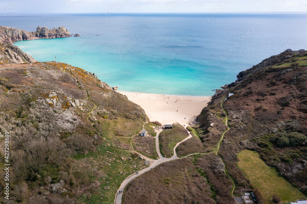 Aerial photograph of Porthcurno Beach nr Lands End, Cornwall, England.