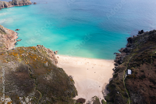 Aerial photograph of Porthcurno Beach nr Lands End, Cornwall, England.