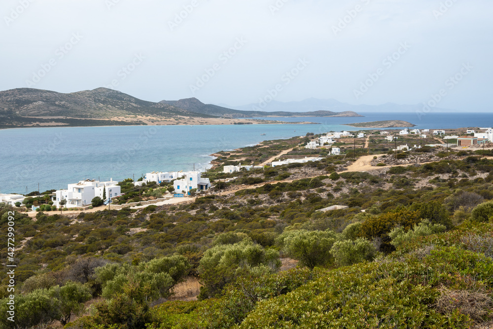 Beautiful coast of Antiparos with a view of Despotiko island in background. Cyclades, Greece