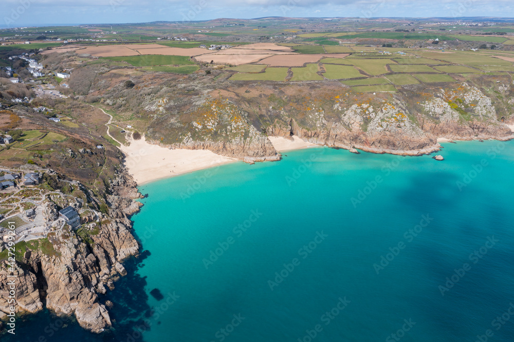 Aerial photograph of Porthcurno Beach nr Lands End, Cornwall, England.