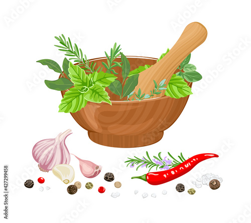 Mortar and pestle, herbs and spices isolated on white background. Vector illustration of garlic, pepper, salt and seasoning in cartoon flat style.