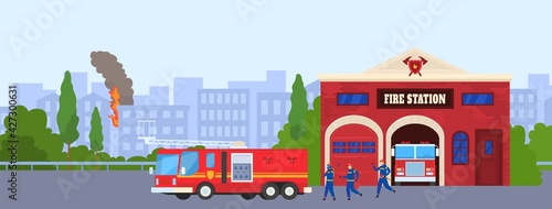 City building, fire station, emergency fire truck, vehicle safety, protection equipment, design, cartoon style vector illustration