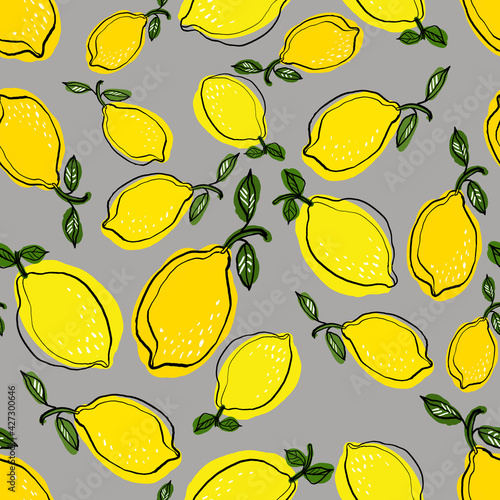 Seamless pattern with linear drawn yellow lemons on grey background