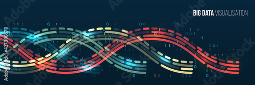 Abstract stream information with waves array, lines binary code. Filtering machine algorithms. Sorting data. Vector technology background. Big data visualization. Information analytics concept.