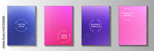 Futuristic dot faded screen tone cover templates vector set. Scientific journal perforated screen