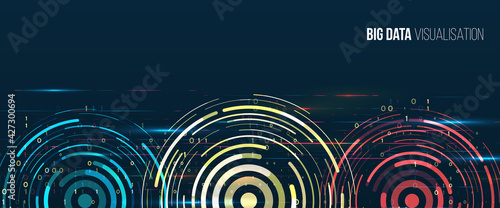 Abstract stream information with circles array and binary code. Filtering machine algorithms. Sorting data. Vector technology background. Big data visualization. Information analytics concept.