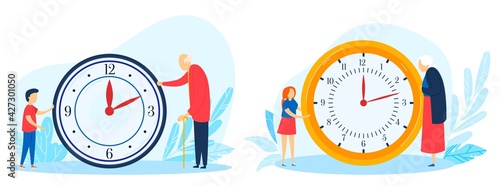 Clock watch time, period life health, stopwatch arrow sign, young boy, elderly man, design, flat style vector illustration.
