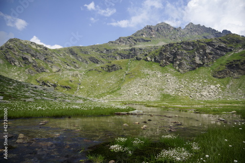 Fototapeta Naklejka Na Ścianę i Meble -  Panorama um den klaren Bergsee, den Grünsee in mitten der Bergspitzen der Alpen in der Texelgruppe in Südtirol beim Wandern