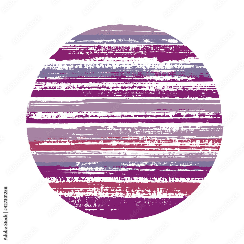Hipster circle vector geometric shape with striped texture of paint horizontal lines. Disc banner with old paint texture. Label round shape logotype circle with grunge background of stripes.
