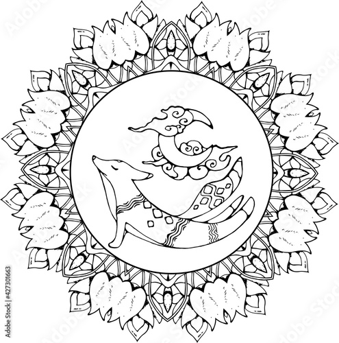 Fox in yoga cobra pose with closed eyes with ornament. Moon and clouds. Mandala ornament.