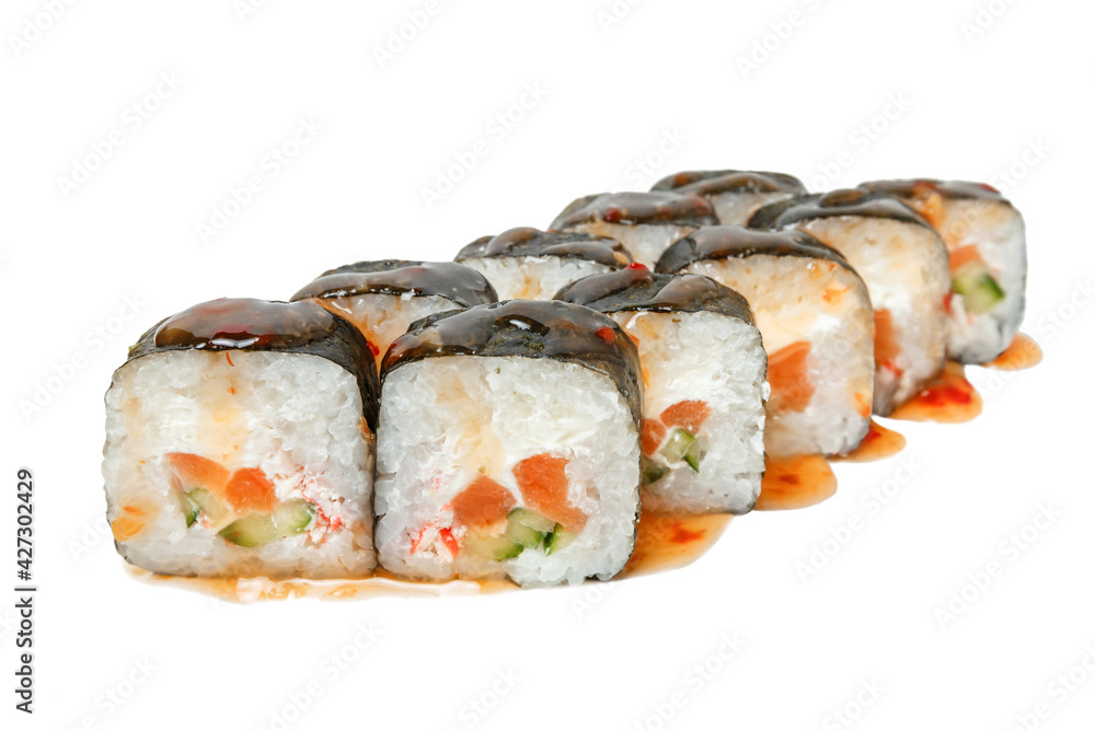Sushi rolls isolated on white background. Traditional asian meal with seafood. High quality bright food photo Sushi rolls isolated on white background. Traditional asian meal with seafood. High quality bright food photo