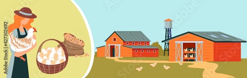 Farm chicken, girl holding chicken, basket eggs, poultry farm buildings countryside , design, cartoon style vector illustration.