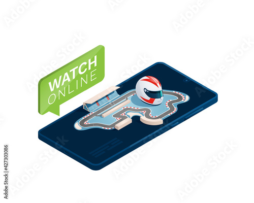 Race track, racing helmet on a smartphone. Isometric vector illustration is isolated on a white background. The concept is watching the race on devices online.