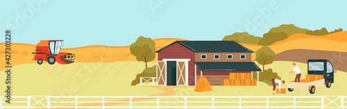 Farm agriculture landscape, nature field, men work, unloading car, countryside land, design, cartoon style vector illustration.