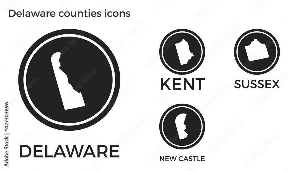 Delaware counties icons. Black round logos with US state counties maps and titles. Vector illustration. Delaware counties icons. Black round logos with US state counties maps and titles. Vector illustration.