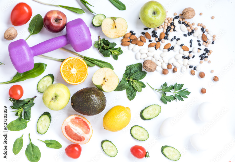 Composition of fresh healthy products for athletes. Fitness and diet for the female body Composition of fresh healthy products for athletes. Fitness and diet for the female body