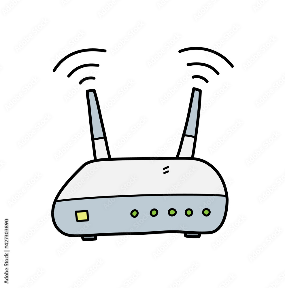 Wi-fi router doodle, a hand drawn vector doodle of a wifi internet router with antenna, isolated on white background. Wi-fi router doodle, a hand drawn vector doodle of a wifi internet router with antenna, isolated on white background.