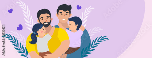 LGBT family. Gay couple with children. Two dads. Vector illustration