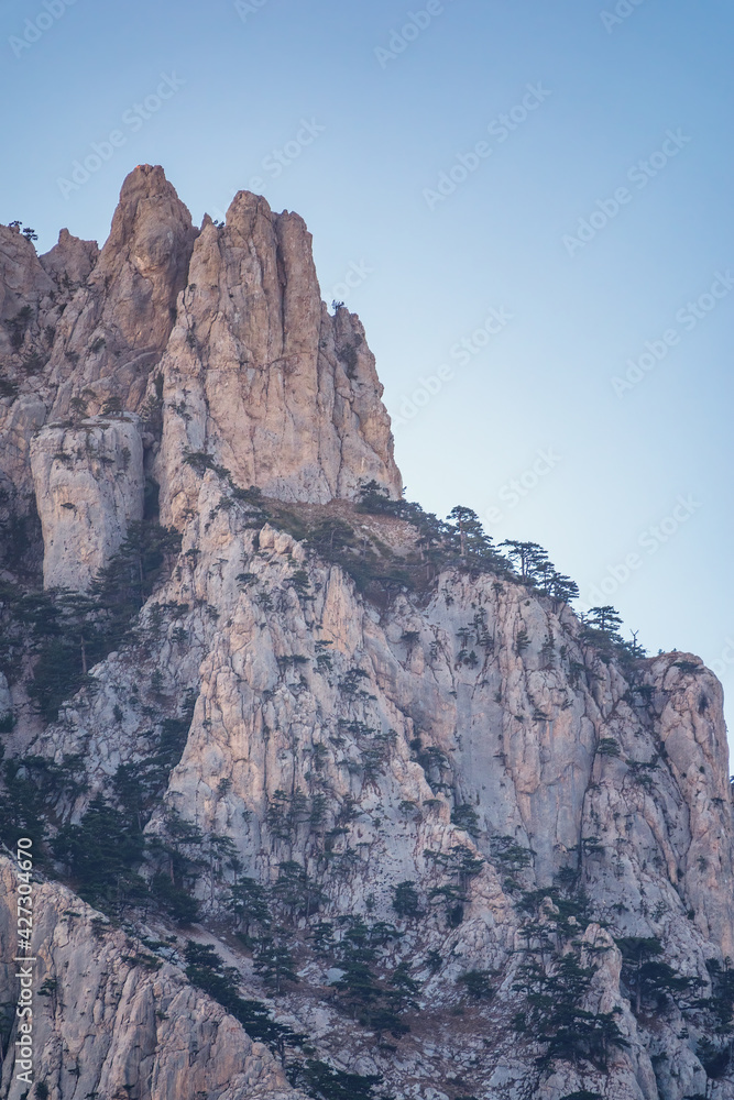 High mountains with forested slopes and peaks on blue sky background High mountains with forested slopes and peaks on blue sky background
