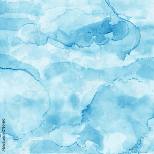 blue watercolor background with abstract blotchy grunge texture design, light pastel blue and white colors painted in fluid liquid fringe bleed design