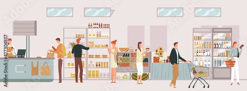 People queue shop, cashier business sale, grocery supermarket, shopping mall line ,design, in cartoon style vector illustration.