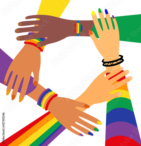 LGBT Pride Month holiday, People are holding hands. LGBTQ Vector illustration