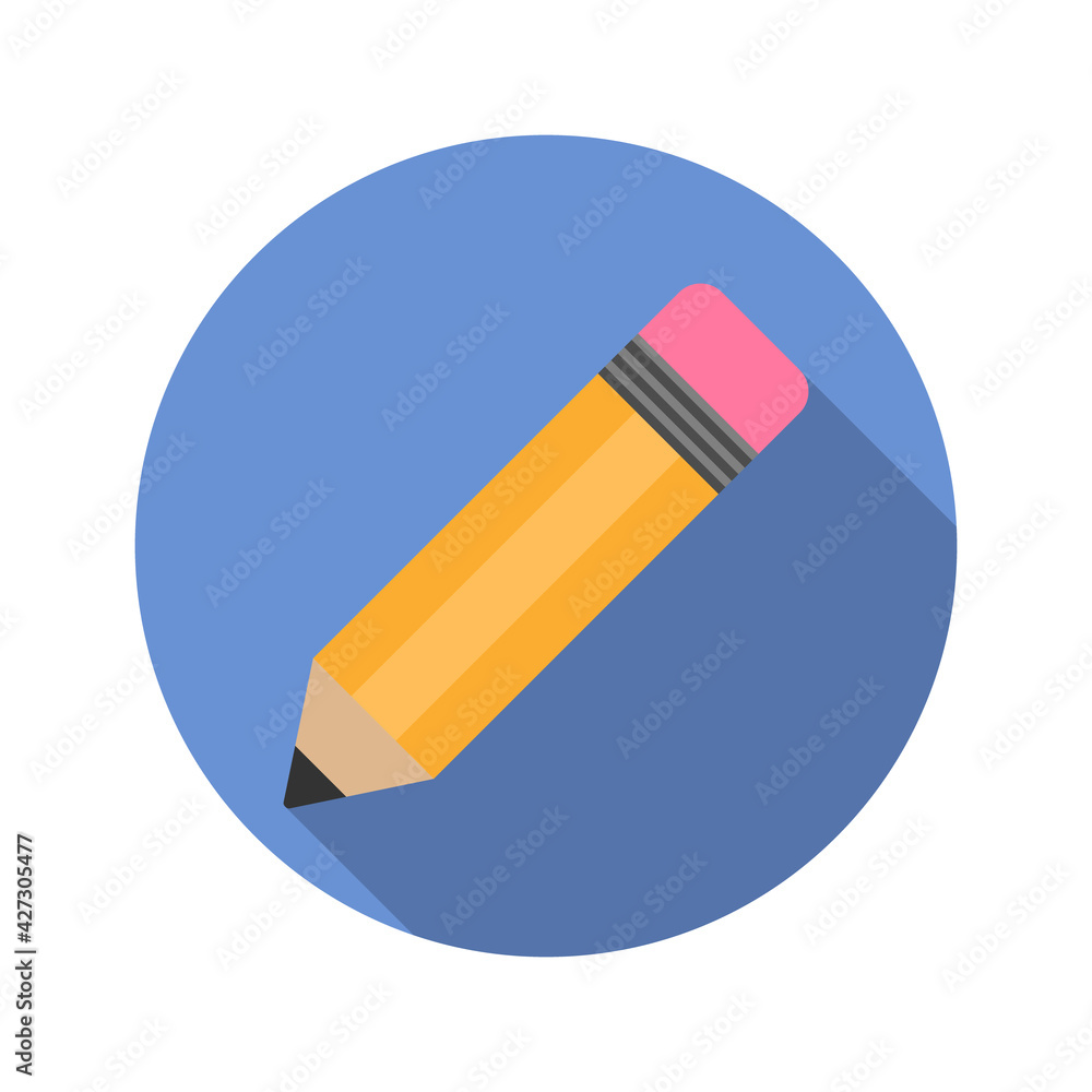 Yellow pencil in flat style with red eraser angled with shadow. Pencil sharpened with on blue background. Vector illustration. EPS-10 Yellow pencil in flat style with red eraser angled with shadow. Pencil sharpened with on blue background. Vector illustration. EPS-10