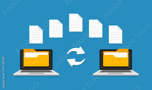File transfer. Two laptop computers with files on blue background, folder or documents transferring between each other. Transfer of documentation. File sharing concept. Flat design. Vector