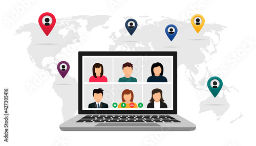 Online video conference. Worldwide business and communication concept. People communicate using the Internet, laptop on the background of the world map. Studying, telecommuting, freelancing, courses.